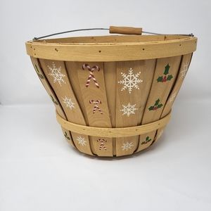 Christmas Holly Snowflake Candy Cane Wooden‎ Round Bucket Basket Bushel
